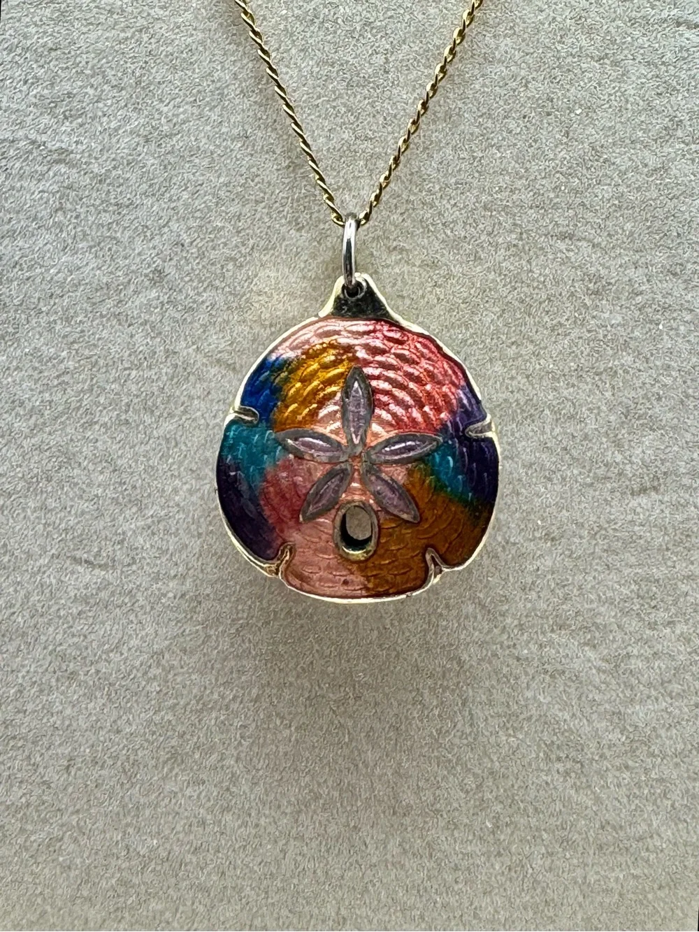 Vintage Cloisanne’ Multicolor Enamel Sand Dollar Pendant Necklace - Gold Tone